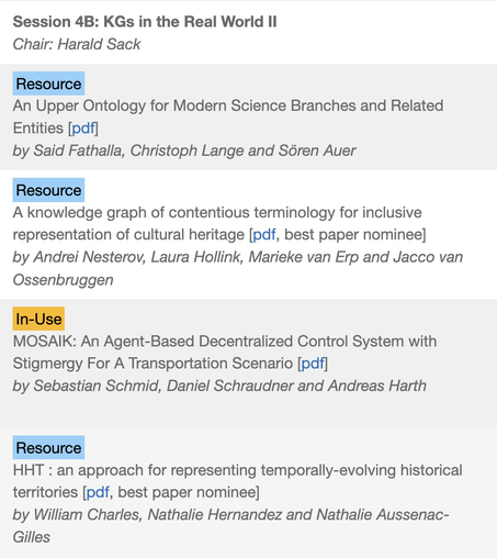 Session 4B: KGs in the Real World II
Chair: Harald Sack
Resource
An Upper Ontology for Modern Science Branches and Related Entities [pdf]
by Said Fathalla, Christoph Lange and Sören Auer
Resource
A knowledge graph of contentious terminology for inclusive representation of cultural heritage [pdf, best paper nominee]
by Andrei Nesterov, Laura Hollink, Marieke van Erp and Jacco van
Ossenbruggen
In-Use
MOSAIK: An Agent-Based Decentralized Control System with Stigmergy For A Transportation Scenario [pdf]
by Sebastian Schmid, Daniel Schraudner and Andreas Harth
Resource
HHT : an approach for representing temporally-evolving historical territories [pdf, best paper nominee]
by William Charles, Nathalie Hernandez and Nathalie Aussenac-Gilles