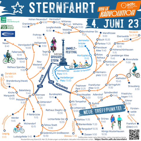 Routennetz der ADFC Sternfahrt am 4. Juni 23 - viele Linien zeigen an, dass viele Radtouren rund um Berlin starten und alle um 14:00 am Großen Stern ankommen. Es gibt Einfache Fahrten, Nachttouren, Mehrtagestouren und Kinder Routen.