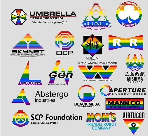 companies with pride logos but it's all the evil companies from SF movies (umbrella corp, scp, weyland-wutani, etc)