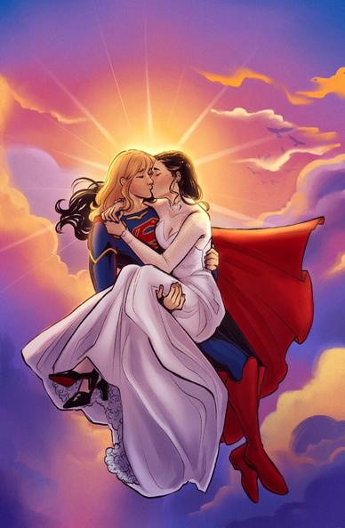 Supergirl (Kara Danvers) kissing her bride, Lena Luthor, in the sky