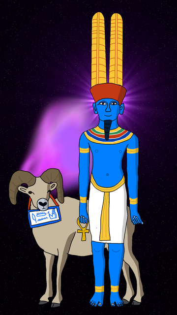 A blue-skinned god Amun looking forward with two yellow plumes on crown, egyptian dress around hips and a ram behind him, having the egyptian name on the ram's neck. In the background is a fictive purple nebula.