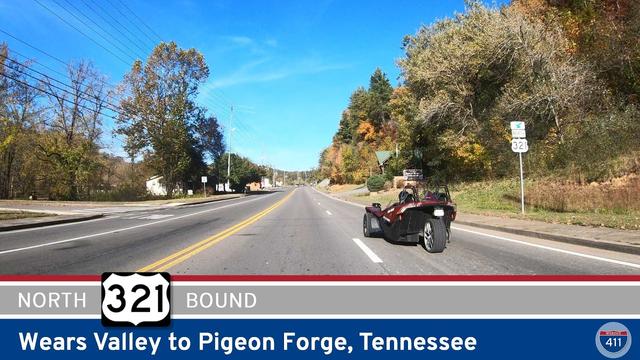 Drive America's Highways for 8 miles north along U.S. Route 321 from Wears Valley to Pigeon Forge, Tennessee.