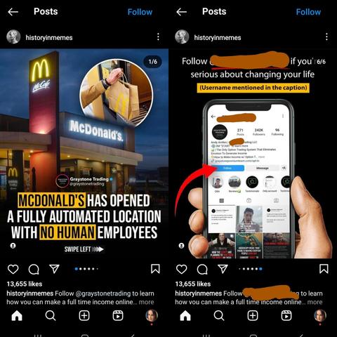 screenshot of @historyinmemes posting an apocalyptic slide about McDonald's going fully automated robot, with another slide advertising some job scam that they clearly sold out to.