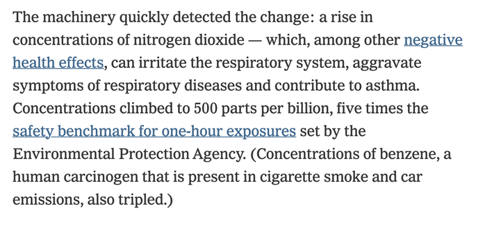screenshot of article on gas stoves and pollution from the New York Times. text reads:

"The machinery quickly detected the change: a rise in concentrations of nitrogen dioxide — which, among other negative health effects, can irritate the respiratory system, aggravate symptoms of respiratory diseases and contribute to asthma.

Concentrations climbed to 500 parts per billion, five times the safety benchmark for one-hour exposures set by the Environmental Protection Agency. (Concentrations of benzene, a human carcinogen that is present in cigarette smoke and car emissions, also tripled.)"