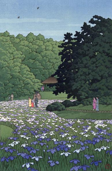 Visitors in mid-20th century dress visit the Inner Garden at Meiji Jingu. The garden is full of blooming irises in shades of white and purple; around them, tall trees are lush with green leaves. Above, a pair of birds wheel in a blue sky