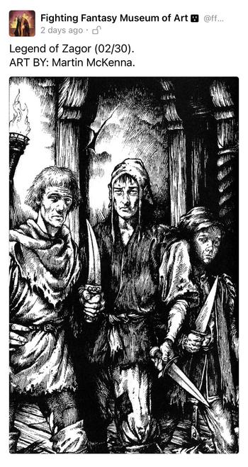 Illustration of 3 men, most holding knives