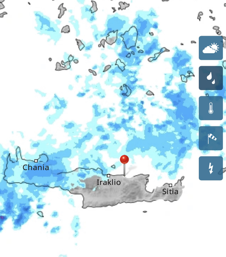 Radar map for Crete with lots of thunderstorms and rain. Absolutely untypical for June.