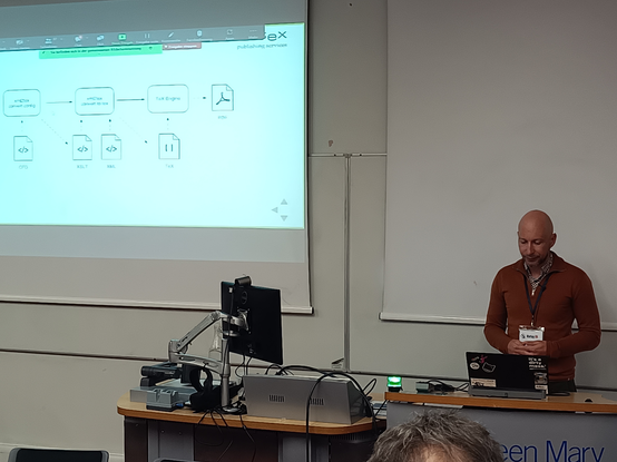 Martin presenting a schematic slide about the xml2tex process involving multiple XSLT transformations