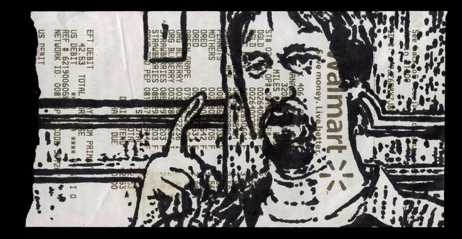 Pen drawing of Tom Green holding up a finger and looking disturbed drawn on a torn Wal-Mart receipt.