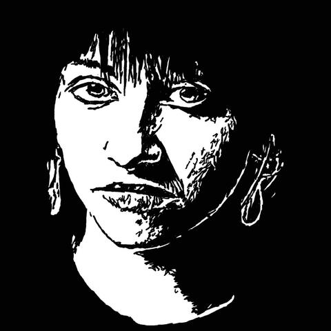 Pen drawing of Lydia Lunch looking off drawn on a black background.