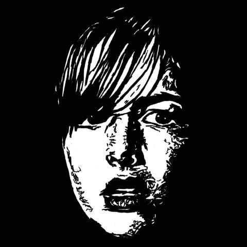Pen drawing of Camille Belle looking scared drawn on a black background.