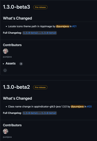 Screenshot from the release page at GitHub of integrations-linux, showing the last two releases