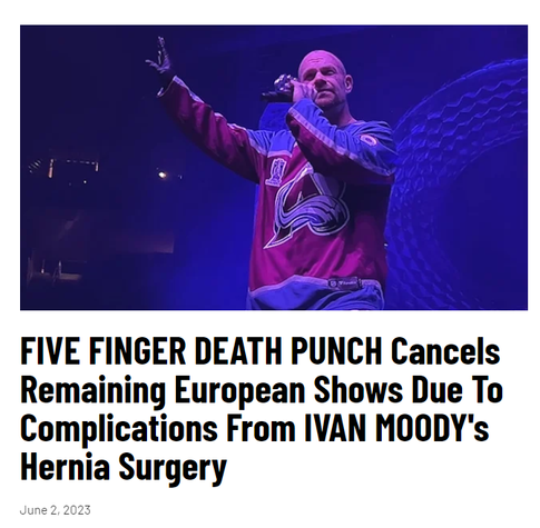 Photo of Ivan Moody, singer of Five Finger Death Punch, with the title: FIVE FINGER DEATH PUNCH Cancels Remaining European Shows Due To Complications From IVAN MOODY's Hernia Surgery