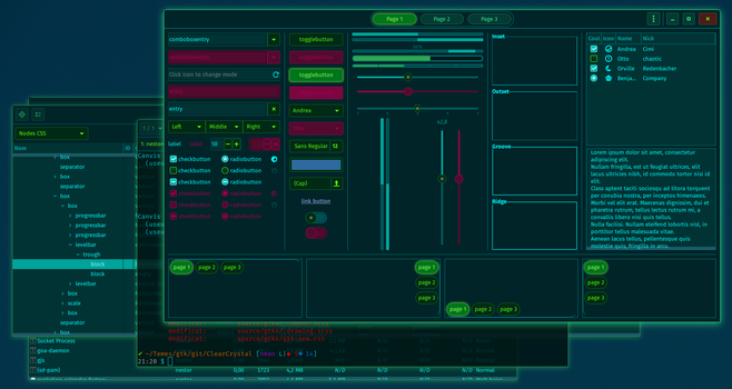 Preview of a dark cyan and green theme, with disabled elements colored in red. Some elements glow.
