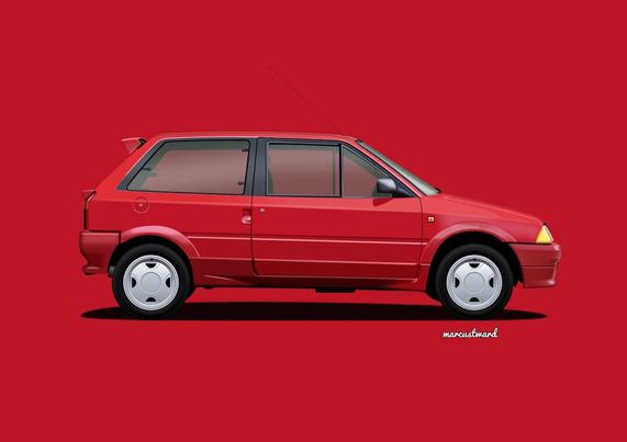 A drawing of a red Citroen AX GT