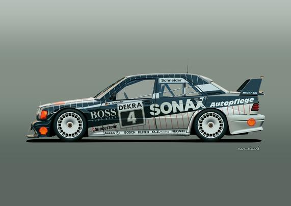 A drawing of a 1992 AMG-Mercedes 190E in racing trim