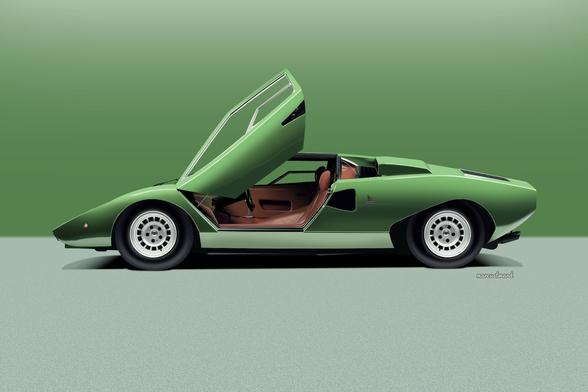A drawing of a green early model Lamborghini Countach #LP400