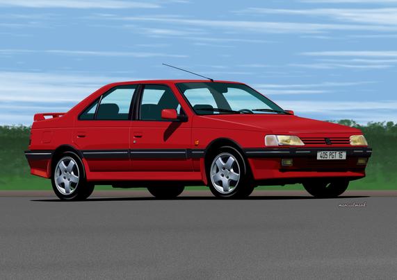 A drawing of a Peugeot 405 T16 in red