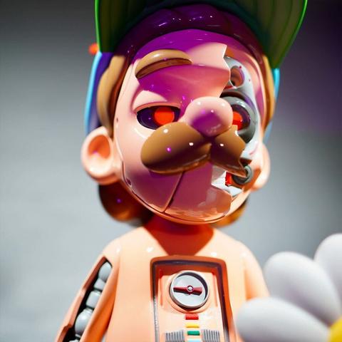Close-up shot of an art toy by tOBEY Toy featuring a moustachioed character wearing a coloful cap. Pieces have been detached from his face and chest, revealing robotic mechanisms.