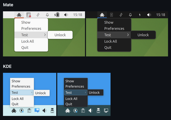 Some pictures showing the tray icon in action on Ubuntu Mate desktop and KUbuntu (KDE) desktop