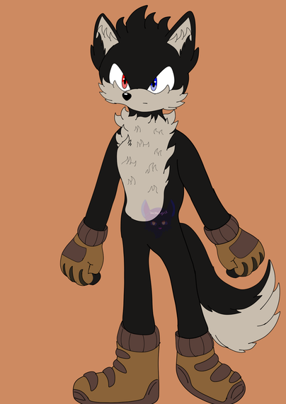 An Furry/sonic character (mobian) husky with black and little brown fur with military combat boots and gloves  with Heterochromia eyes