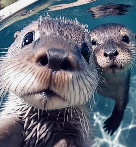 Two cute pale brown otters, pose for a picture. Their water tank has deep turquoise water, with the sun shining through creating dancing white light 🤎🤎