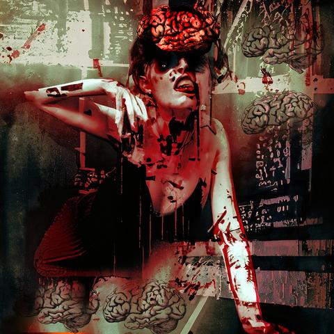 computer art collage. very dirty grungey.
young lady with open brain