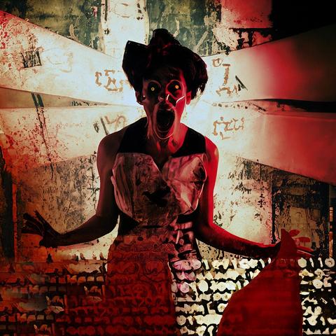 computer art. grunge. typo collage with young screaming lady in red