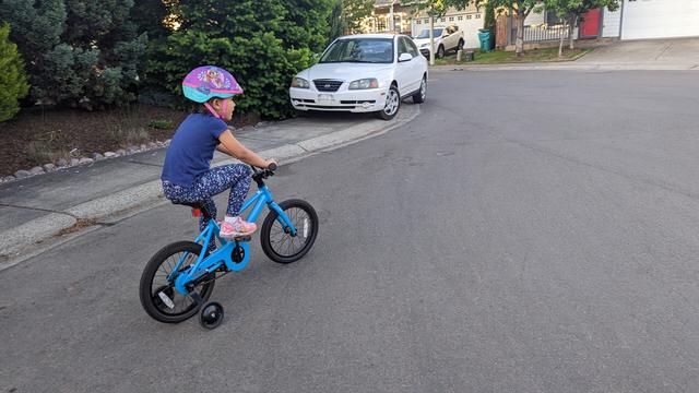 5 year old girl riding her first bike with training wheels in a cul de sac.