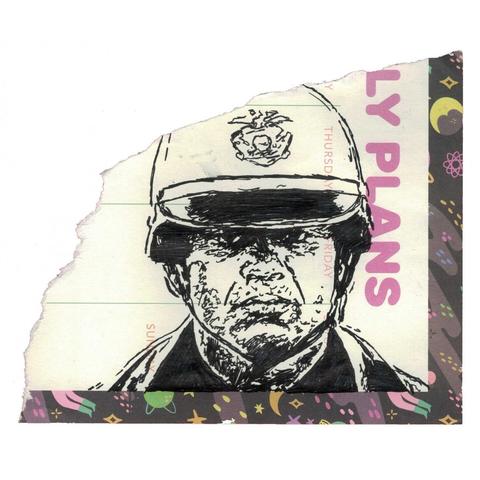Pen drawing of Robert Blake wearing a police uniform and scowling drawn on a torn weekly planner.