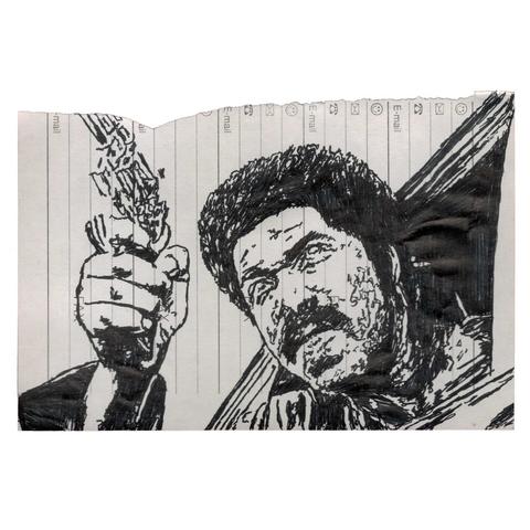 Pen drawing of Michael Jai White in stylish 70s clothing drawn on a torn-out address book page.