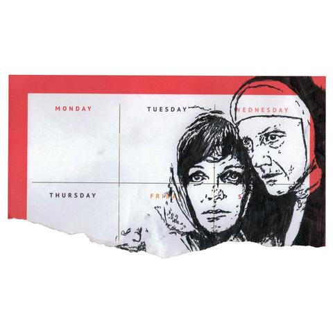 Pen drawing of a nun comforting a disturbed woman on a torn weekly planner.