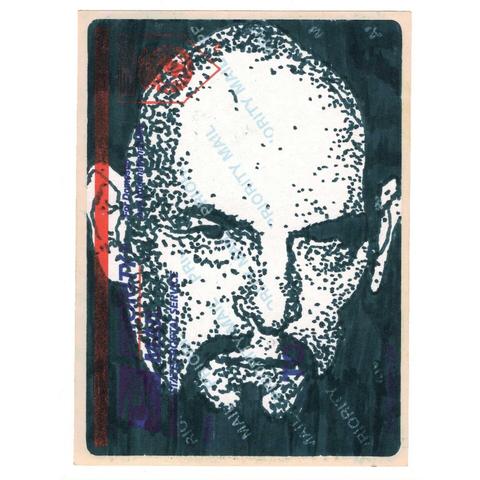 Pen drawing of Church Of Satan founder Anton LaVey looking dour on a postal sticker.