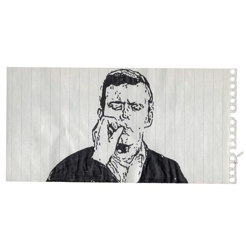 Pen drawing of a teenager boy in a sweater vest smoking marijuana drawn on a long spiral notebook.