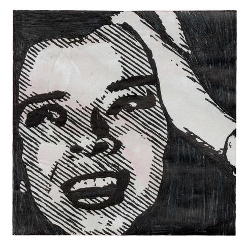 Pen drawing of a teenager girl looking distressed and holding her hand to her head drawn on a crystal Post-It note.