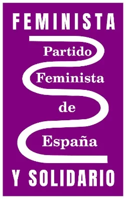 Logo del PFE con el nombre del partido y el lema: Feminista y Solidario.
Fondo violeta con letras blancas.
