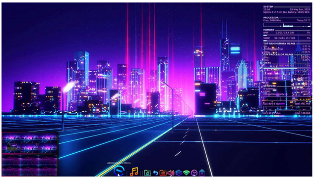 Screenshot of Elive Retrowave showing flashy desktop with neon effects.