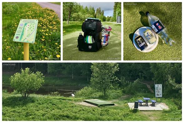 Neljän sekalaisen tunnelmakuvan kooste Kuopion Peikkometsän frisbeegolfradalta PidäRataSiistinä -teemaviikon avauksesta. Peliväylän numero 10 heittopaikka jonka vieressä iso piknik pöytä ja tuolit. Peliväylän numero 12 opaskartta, taustalla keltaisia voikukkia. Musta Halti frisbeegolfreppu jonka sivukoukusta roikkuu paahtoleipäpussillinen roskia