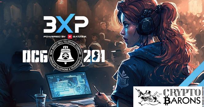 Artwork Drawing of Red Headed Gamer Girl wearing headphones in front of computer in a mass gaming tournament arena with the 3xp, DCG 201 & Crypto Barons logo.