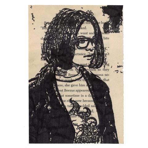 Pen drawing of a girl in glasses wearing a punk leather jacket drawn on a torn-out book page.