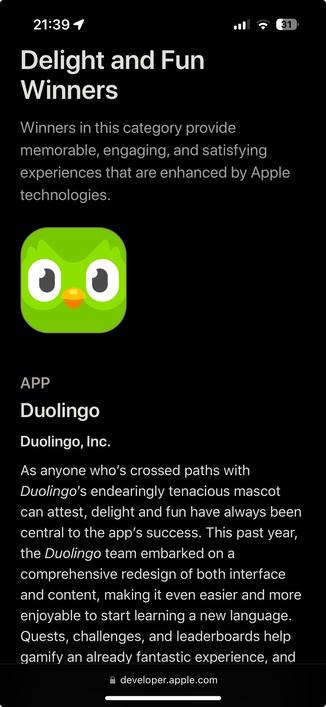 Screenshot of the linked webpage announcing Duolingo as the winner of the Delight and Fun category.
