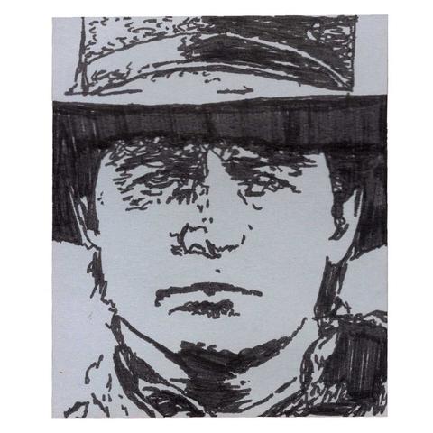 Pen drawing of Michael J. Fox wearing a cowboy hat and squinting his eyes drawn on a purple Post-It note.