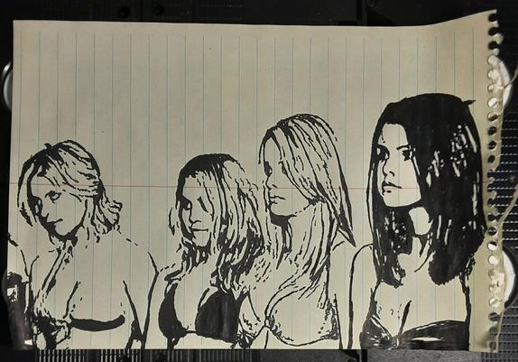 Pen drawing of four college-aged girls wearing bikinis and looking nervous drawn on a yellow spiral notebook page.
