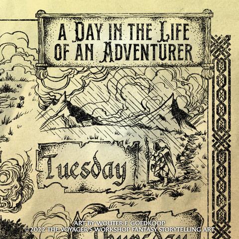 A cloaked wanderer follow a windy path on a wet and stormy day. A Day in the Life of an Adventurer.