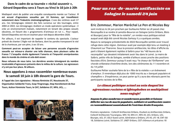 2 événéments locaux :
- rassemblement devant la gare de Tours samedi à 18h contre la venue de Depardieu
- raz de marée antifa samedi 24 à partir de 10h à Lamotte Beuvron