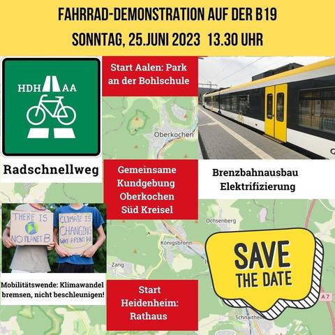 Fahrrad Demonstration auf der B19, Bild einer Karte mit Bild eines Zugs zum Thema Brenzbahnausbau Elektrifizierung, Radschnellweg Schild, Mobilitätswende. Start ist in Aalen oder Heidenheim und es gibt eine Kundgebung in Oberkochen am Süd Kreisel.