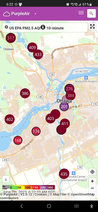 AIQ readings via Purpleair.com around Ottawa, Canada. Some areas in the 400ppm range.