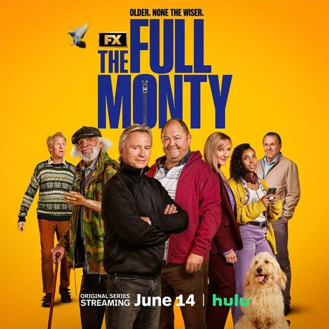 Older. None the wiser. FX The Full Monty original series streaming June 14 Hulu.
A picture showing a number of cast members from the original: Robert Carlyle, Mark Addy, Paul Barber, Steve Huison, and Tom Wilkinson and a pigeon flying.