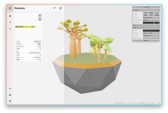 3D model of a low-poly floating island with some trees. In the margin, a preview of the base color texture, which is a row of colored blocks.
