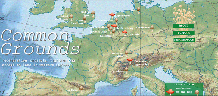 screenshot of the opening page of the Common Grounds webpage, showing a map of Europe with around 20 mushrooms dotted around, each mushroom presenting community farming project that you can click on to learn more about